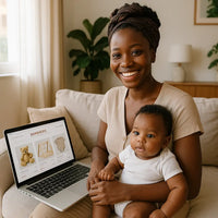Maman sénégalaise souriante tenant son bébé et consultant une bambinerie en ligne nounababy à Dakar sur son ordinateur portable