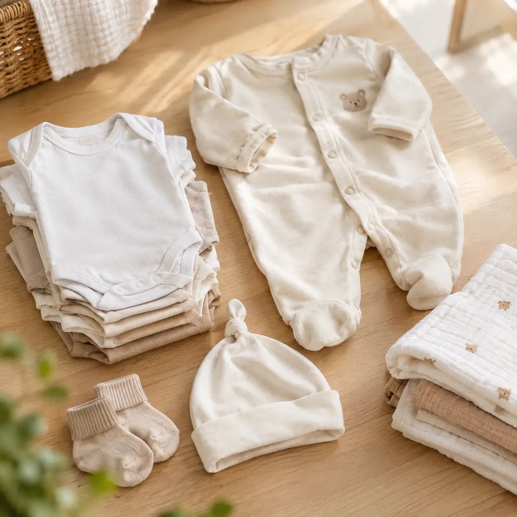 Les essentiels pour un nouveau-né à Dakar : vêtements en coton, bodys, grenouillères et soins pour les trois premiers mois