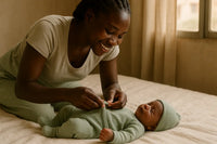 Maman africaine tenant son bébé habillé en coton doux, lumière naturelle à Dakar, collection Nounababy.