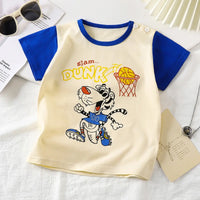 T-shirt enfant motif basket tigre, manches bleues, coton doux
