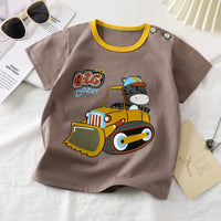 T-shirt enfant gris avec zèbre sur bulldozer, col jaune, coton doux