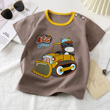 T-shirt enfant gris avec zèbre sur bulldozer, col jaune, coton doux