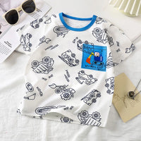 T-shirt bébé motif engins de chantier, fond blanc, col bleu – Bambinerie Dakar