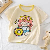 T-shirt fille crème motif été avec fillette et bouée, col jaune – Bambinerie Dakar