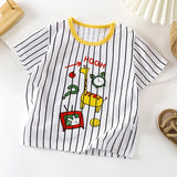 T-shirt enfant rayé blanc/noir avec girafe jaune et motifs rigolos – Bambinerie