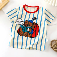 T-shirt bébé rayé bleu motif ourson lisant, col rouge – Bambinerie Dakar