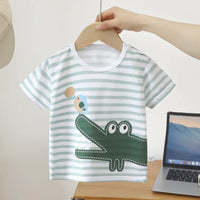 T-shirt rayé vert et blanc, crocodile et oiseau – Bambinerie Dakar, coton 100 %