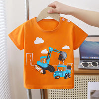 T-shirt orange motif pelleteuse bleue, col rond – Bambinerie NounaBaby