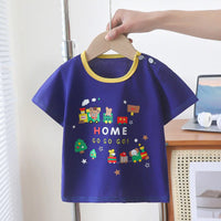 T-shirt bleu foncé motif train et animaux avec texte HOME GO GO GO – vêtements bébé Dakar