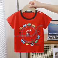 T-shirt rouge bébé motif train et voitures – vêtements bébé garçon