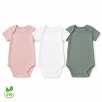 Lot 3 bodies bébé fille coton biologique vert sauge rose blanc NounaBaby Dakar
