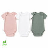 Lot 3 bodies bébé fille coton biologique vert sauge rose blanc NounaBaby Dakar
