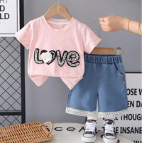 Ensemble fille 2 pièces t-shirt Love perles rose et short jean dentelle boutique enfant Dakar NounaBaby