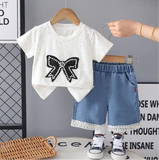 Ensemble fille t-shirt blanc nœud brodé perles short jean dentelle boutique NounaBaby Dakar Sénégal