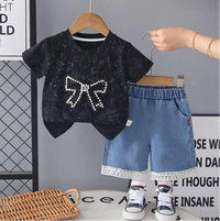 Ensemble 2 pièces fille t-shirt noir nœud perles et short jean dentelle vêtement enfant Dakar NounaBaby