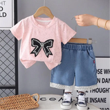 Ensemble fille t-shirt rose nœud perles sequins et short jean dentelle boutique enfant Dakar NounaBaby