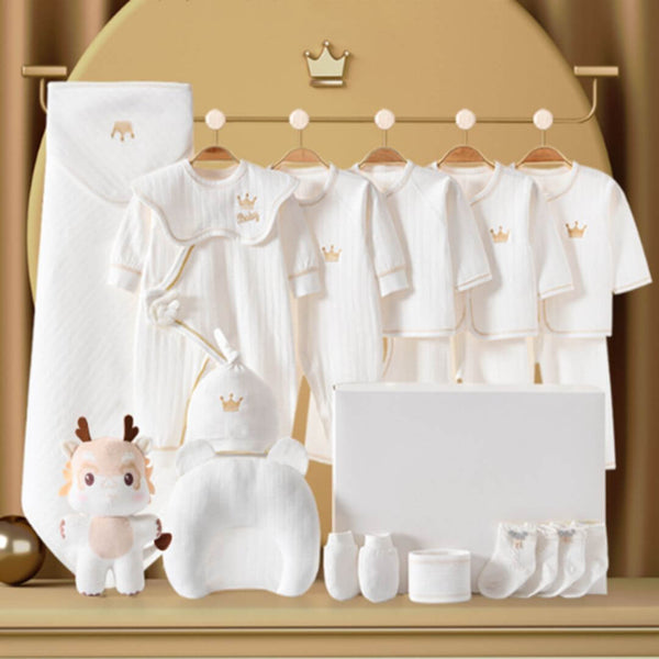 Coffret naissance bébé 20 pièces NounaBaby avec vêtements en coton blanc, peluche, bonnet, couverture et boîte cadeau luxe – Idéal à offrir à Dakar.