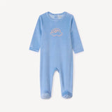 Grenouillère bébé en velours bleu avec dinosaure