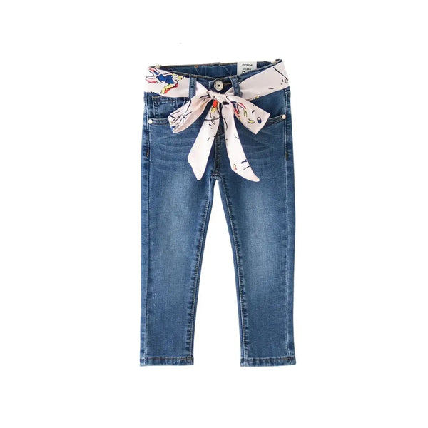 Jean fille bleu  en coton doux avec ceinture nouée imprimée – NounaBaby Dakar.