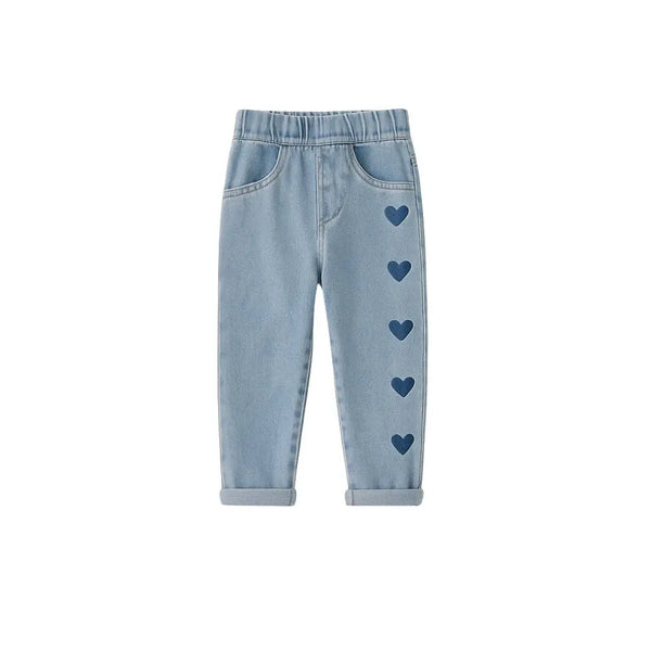 Jean fille coton doux bleu clair à motifs cœurs – NounaBaby Dakar.