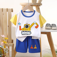 ensemble pour bébé et enfant chez nounababy Dakar Sénégal , motif machine blanc, jaune de couleur t-shirt blanc et short bleu
