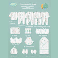 Pack cadeau naissance 26 pièces bébé en coton blanc à motifs arbres et soleil, idéal pour Dakar – vêtements, accessoires, couverture, bavoirs et chaussons