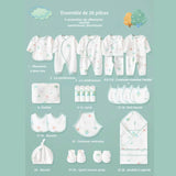 Pack cadeau naissance 26 pièces bébé en coton blanc à motifs arbres et soleil, idéal pour Dakar – vêtements, accessoires, couverture, bavoirs et chaussons