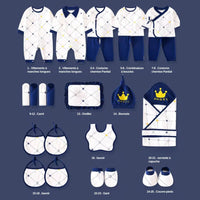 Pack cadeau naissance bébé 25 pièces bleu marine et blanc en coton 100% doux, idéal pour le climat chaud de Dakar – vêtements, accessoires et couverture emmaillotage inclus, parfait pour offrir à des parents au Sénégal.