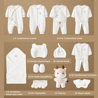 Présentation des 20 pièces du coffret naissance NounaBaby : body, ensembles bébé, bonnet, couverture, coussin, peluche et accessoires coton doux – mixte fille/garçon.