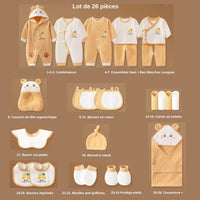 Détail des 26 pièces du coffret naissance : combinaisons, bonnet, coussin tête, bavoirs, moufles, couverture – coffret complet pour nouveau-né à Dakar.