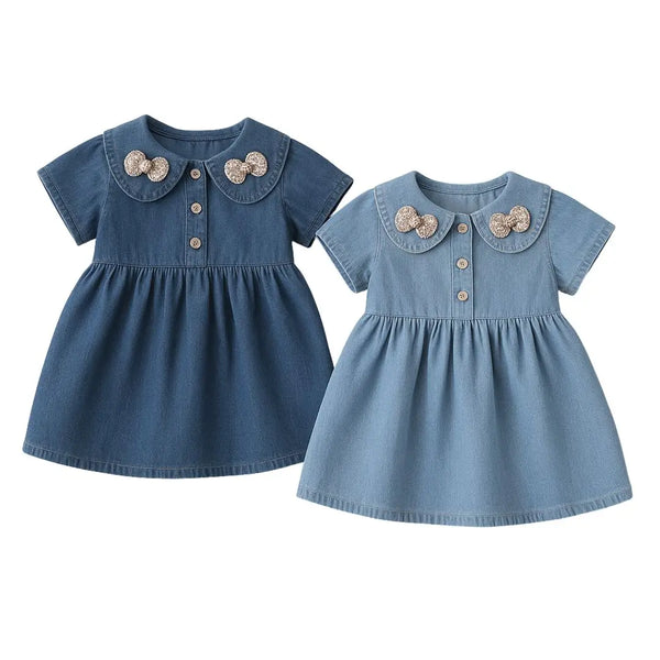 Robe été bébé fille avec col à sequins dorés bleu et bleu clair – disponible à Dakar