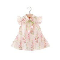 Robe été fille coton motif floral vue de face rose