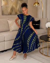 Robe wax fille longue modèle Aïda, motif bleu et vert, boutique NounaBaby Dakar