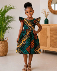 Robe wax fille longue modèle C, motif bleu , orange et vert, boutique NounaBaby Dakarumba