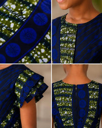 Détail du tissu wax bleu roi et vert de la robe Aïda, confection sur mesure