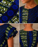 Détail du tissu wax bleu roi et vert de la robe Aïda, confection sur mesure