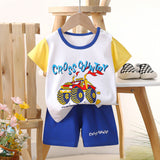 ensemble pour bébé et enfant chez nounababy Dakar Sénégal , motif voiture de couleur t-shirt blanc, jaune et short bleu